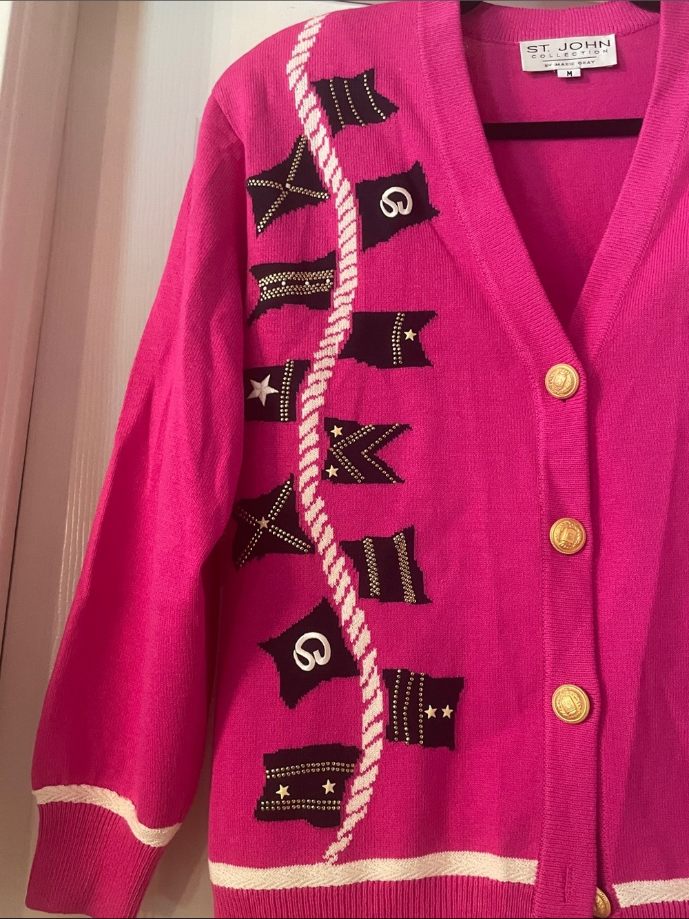 St. John Hot Pink Embellished V-Neck Cardigan with Gold Buttons - Picture 3 of 8
